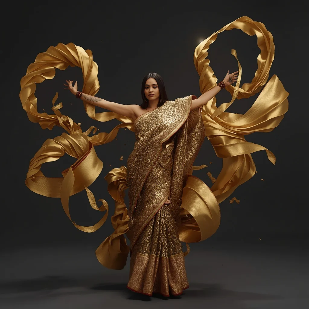 3D Molten Liquid Gold & Silk Architecture Festive Saree | prompt for girl In saree pic ChatGPT - Top 10 Modern Teen Saree AI Prompts for Urban Photography Walkshops AI Prompt