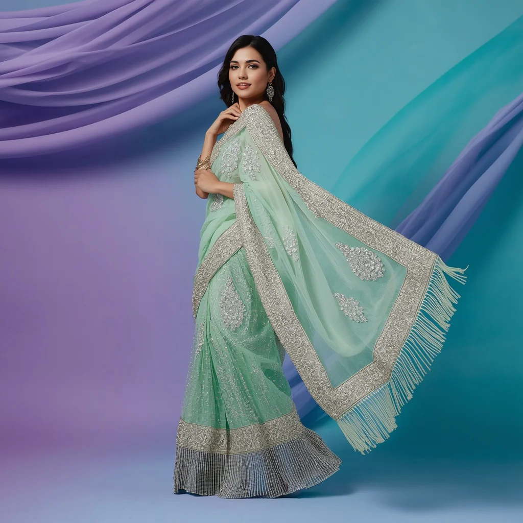 Advance Premium Heavy Crystal Mint Green Festival Saree Pose Inspiration | stylish girl prompt generator - Best 10 Artistic Child Saree AI Prompts for Pop-Up Book Illustrations AI Prompt