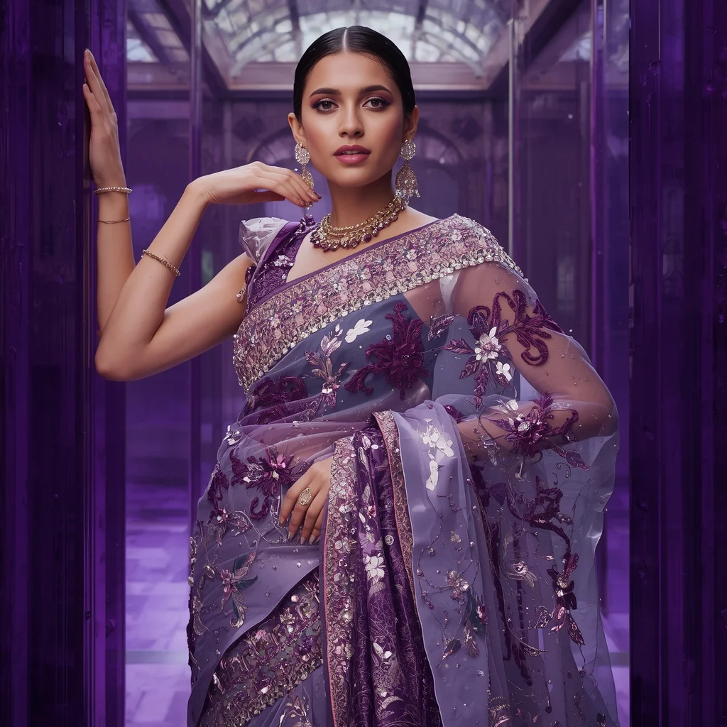 Amethyst Prism Crystal Saree with Violet Cathedral Atrium | prompt seen trending girl instagram - New 10 Traditional Young Girl Saree AI Prompts for Cultural Storytelling AI Prompt