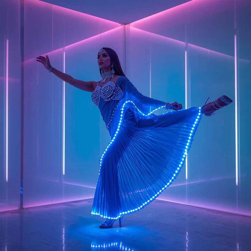Bioluminescent Plasma Ribbon Saree Zero-Gravity Split-Kick | Traditional saree prompt for wedding in english - Top 10 Modern Teen Saree AI Prompts for Urban Photography Walkshops AI Prompt