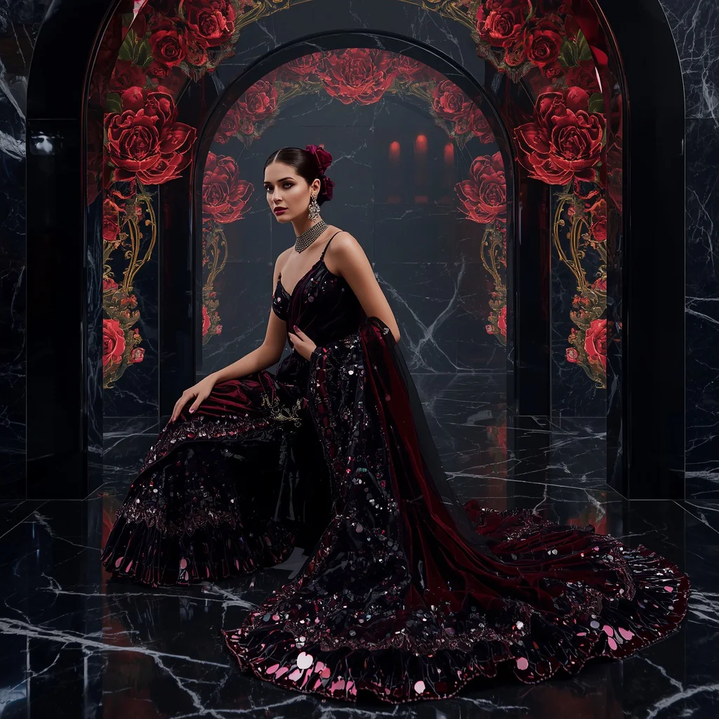 Black Diamond Lotus Saree with Shadow Floral Crystal Kingdom | new ai prompt girl download - Ethereal Pastel Ombre Saree AI Image Prompts for Dreamy Aesthetics AI Prompt