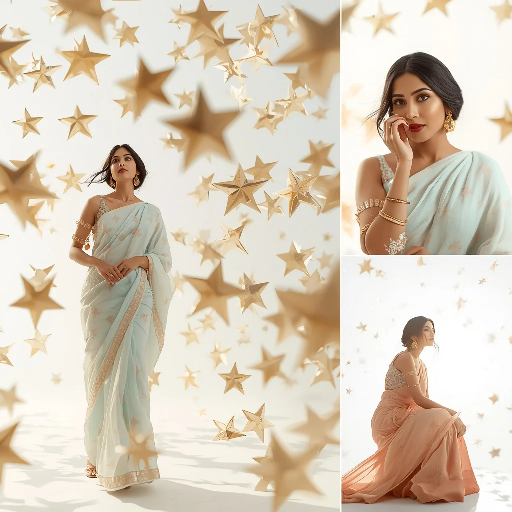 Champagne Gold Geometric Stars With Festive Saree Look | prompt for girls college online - Top 10 Charming Teen Saree AI Image Prompts for Volunteering at Animal Shelters AI Prompt