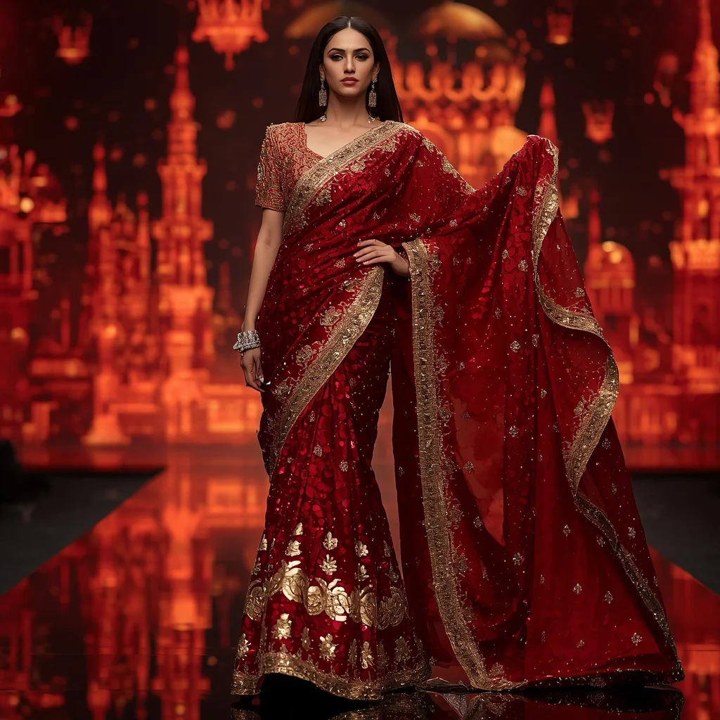 Crimson Solar Flame Saree with Floating Fire Crown Cathedrals | prompt for ai image generator for professional photo - New 10 Traditional Young Girl Saree AI Prompts for Cultural Storytelling AI Prompt