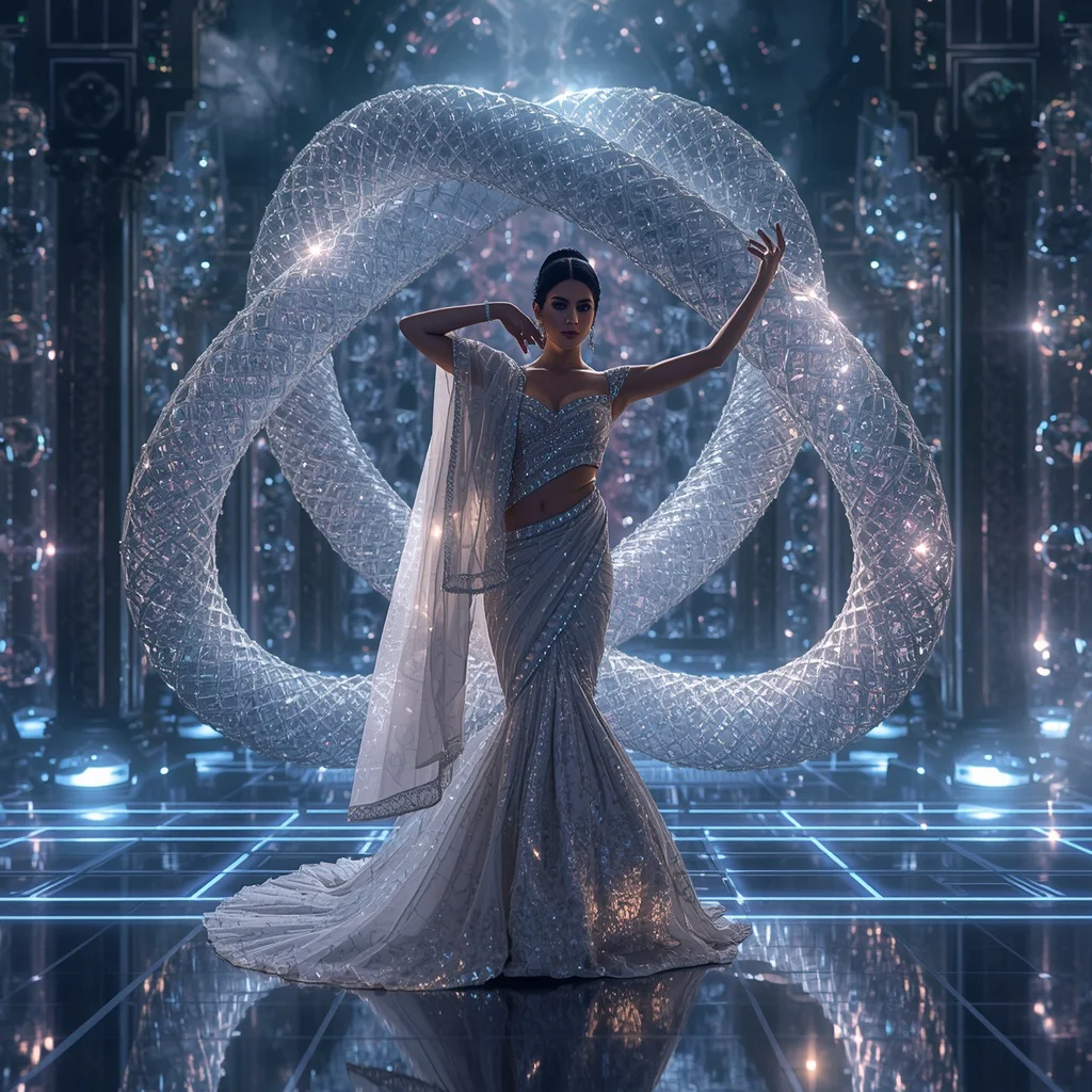 Crystal Infinity Knot Saree with Eternal Geometry Citadel | prompt for gemini ai girl in saree 2026 download - Bohemian Embroidered Saree AI Prompts for Free-Spirited Fashion AI Prompt
