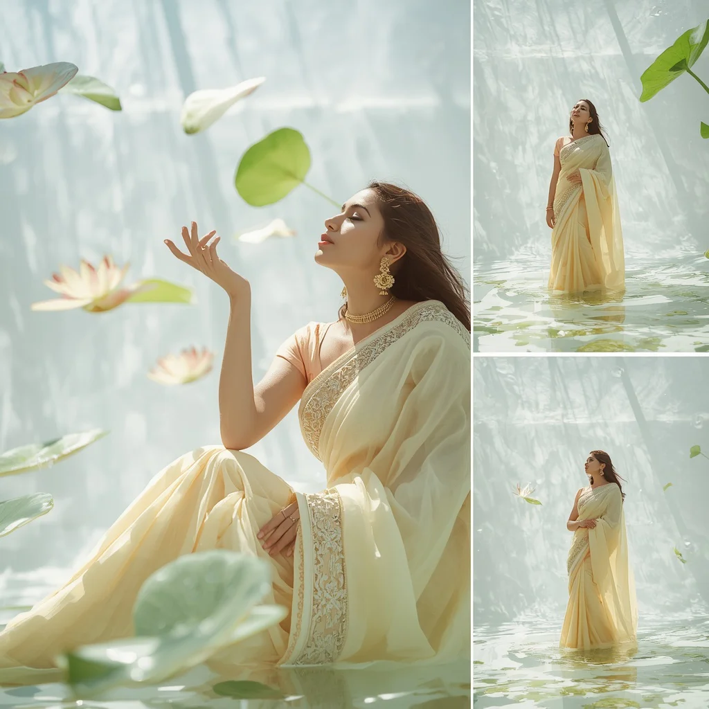 Crystal Water Lilies With Fancy Saree Poses | Chatgpt prompt for saree look - New 10 Traditional Young Girl Saree AI Prompts for School Graduation Photos AI Prompt