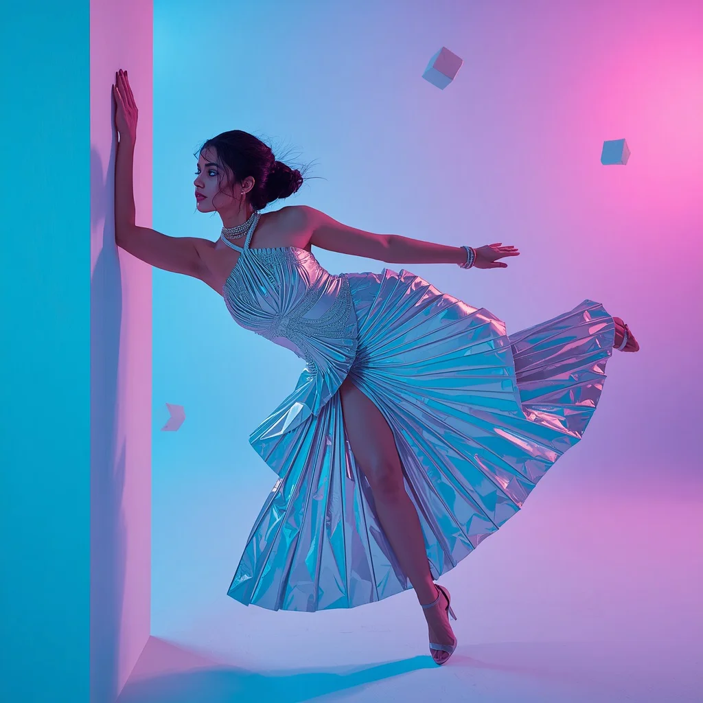 Cyber-Origami Platinum Swan Saree Explosive Wall-Vault | Prompt seen Gemini girl Instagram - Top 10 Modern Teen Saree AI Prompts for Urban Photography Walkshops AI Prompt