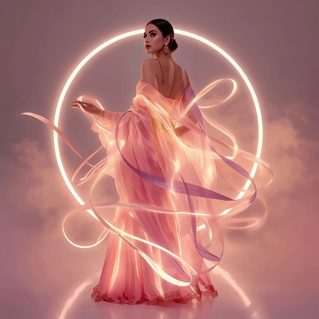 Designer Festive Pastel Saree With Sculpted Light Ribbon Energy Wave Motion Couture Concept | new prompt photo - Top 10 Modern Teen Saree AI Prompts for Urban Photography Walkshops AI Prompt