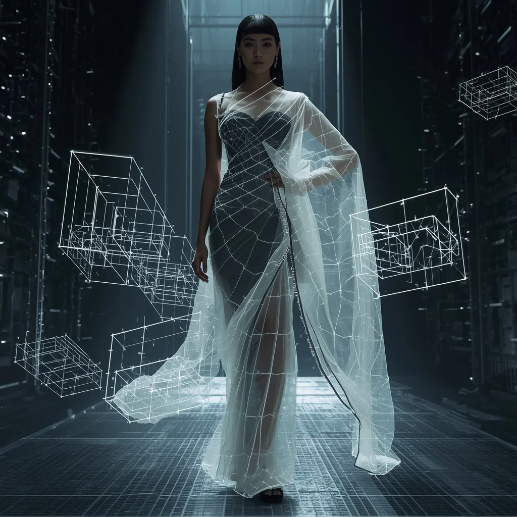 Digital Wire Geometry Saree with Floating Architectural Light Grid Fabric System Fashion Editorial Concept Look | prompt for gemini girl in saree - Traditional Banarasi Tissue Saree AI Image Prompts for Subtle Shine AI Prompt