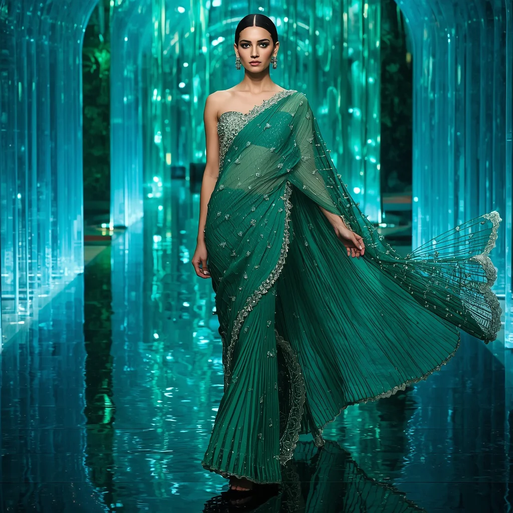 Emerald Crystal Waterfall Saree with Infinity Aqua Prism Kingdom | prompt seen girl lehenga - Modern Printed Linen Saree AI Prompts for Everyday Chic AI Prompt