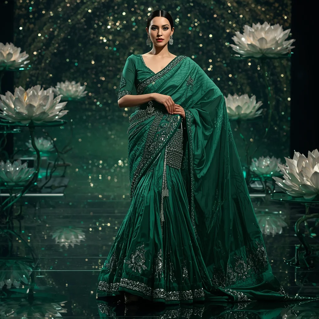Emerald Lotus Dynasty Saree with Floating Blossom Halo Kingdoms | prompt for Gemini AI girl in saree 2026 - Best 10 Serene Child Saree AI Prompts for Mountain View Photography AI Prompt