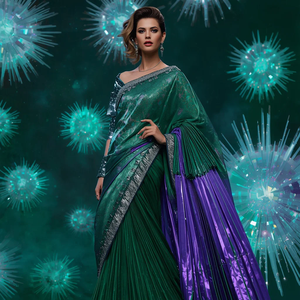 Emerald Neon Peacock Royal Saree with Floating Jewel Feather Palaces | Best prompt for saree for wedding - Top 10 Charming Teen Saree AI Image Prompts for Volunteering at Animal Shelters AI Prompt