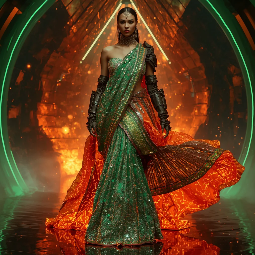 Emerald Volcano Flame Saree with Neon Ember Solar Fortress | prompt seen trending girl instagram in saree - Ethereal Pastel Ombre Saree AI Image Prompts for Dreamy Aesthetics AI Prompt