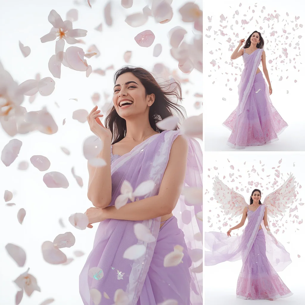 Ethereal Mother-Of-Pearl Blossoms and Fancy Saree Poses | prompt for ai image editing - Top 10 Charming Teen Saree AI Image Prompts for Volunteering at Animal Shelters AI Prompt