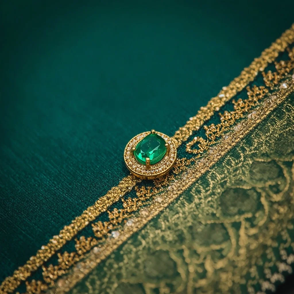 Extreme Macro of a 10ct. Flawless Emerald Woven Border | prompts for saree look - Glamorous Net Embroidered Saree AI Prompts for Sparkling Occasions AI Prompt