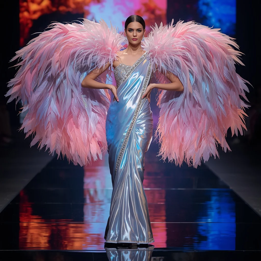 Festival Couture Saree with Giant Aurora Feather Drapes and Infinity Reflection Runway | new ai prompt girl instagram - Artistic Ajrakh Print Saree AI Prompts for Cultural Storytelling AI Prompt