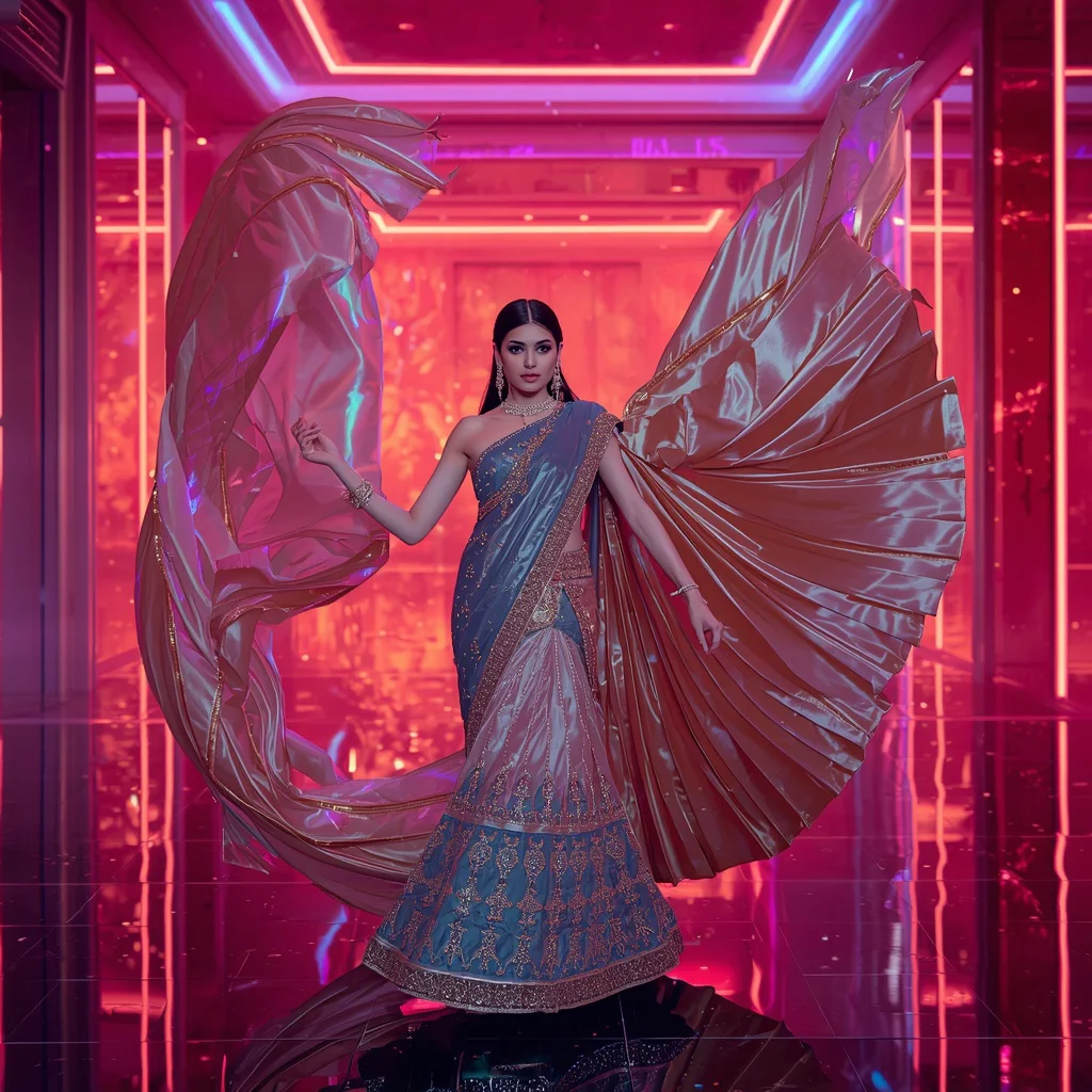 Festival Couture Saree with Giant Floating Celebration Streamers and Luxury Neon Ballroom | trending saree gemini prompt in hindi - Artistic Ajrakh Print Saree AI Prompts for Cultural Storytelling AI Prompt