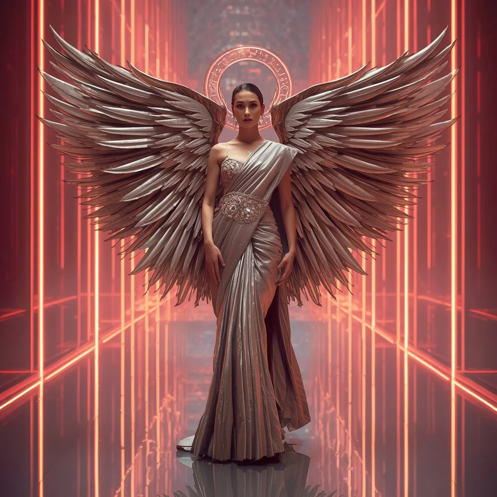 Festival Couture Saree with Giant Layered Halo Wings and Luxury Neon Reflection Hall | new prompt photo - Traditional Banarasi Tissue Saree AI Image Prompts for Subtle Shine AI Prompt