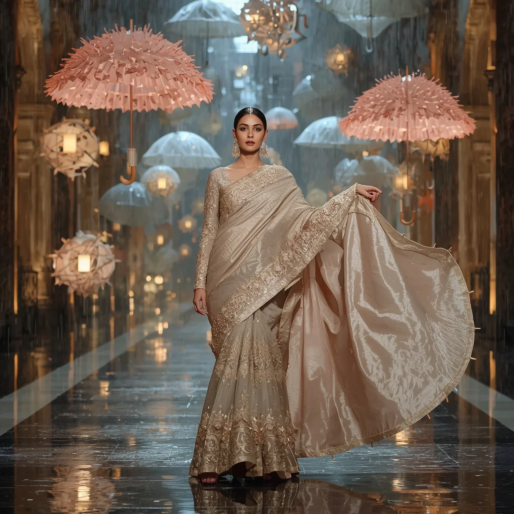 Festival Luxury Saree with Giant Floating Fashion Umbrellas and Rain Runway Pose | new ai prompt for image generation free - Artistic Ajrakh Print Saree AI Prompts for Cultural Storytelling AI Prompt