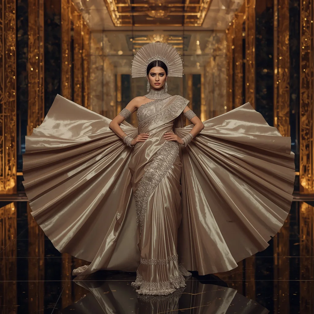 Festival Queen Saree with Giant Layered Fan Crown Drape and Luxury Reflection Pavilion | new chat gpt prompt trend - Artistic Ajrakh Print Saree AI Prompts for Cultural Storytelling AI Prompt