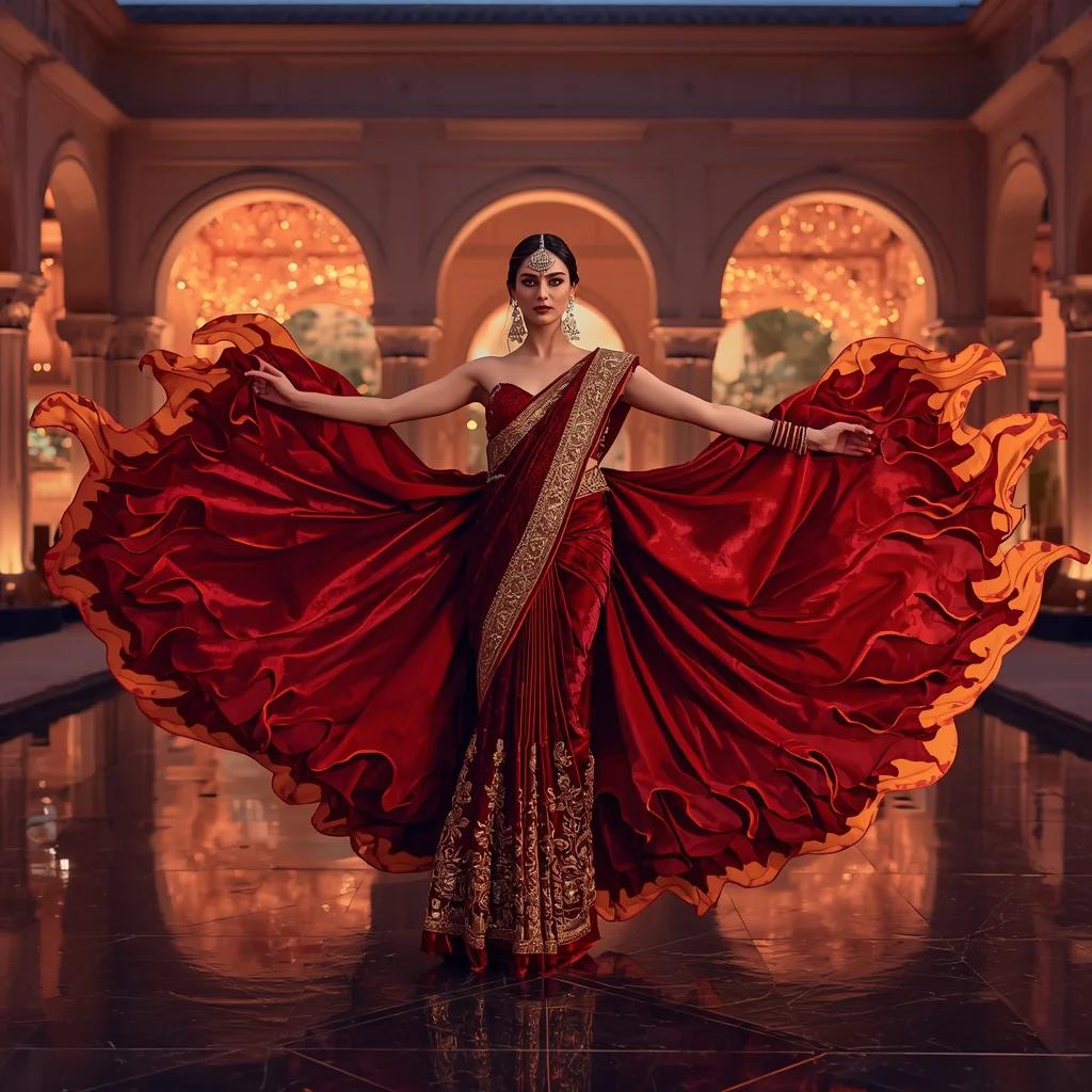 Festival Queen Saree with Giant Velvet Flame Layers and Luxury Celebration Courtyard | saree pose ai prompt - Artistic Ajrakh Print Saree AI Prompts for Cultural Storytelling AI Prompt