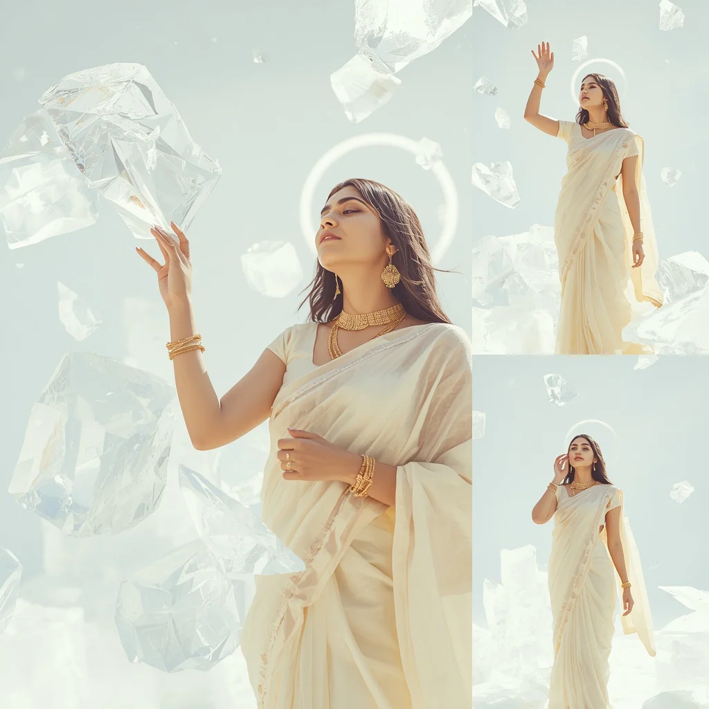 Festive Fancy Saree Look With Sunlit Ice Prisms | ChatGPT photo Editing Prompts for girl in saree - Top 10 Charming Teen Saree AI Image Prompts for Volunteering at Animal Shelters AI Prompt