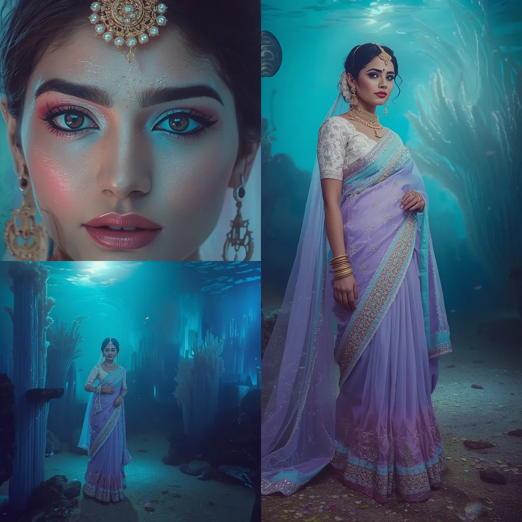 Festive Pastel Saree Aurora Crown Reef Kingdom Collage Prompt | prompt for traditional look for girl and girl - Traditional Chanderi Silk Saree AI Image Prompts for Regal Grace AI Prompt