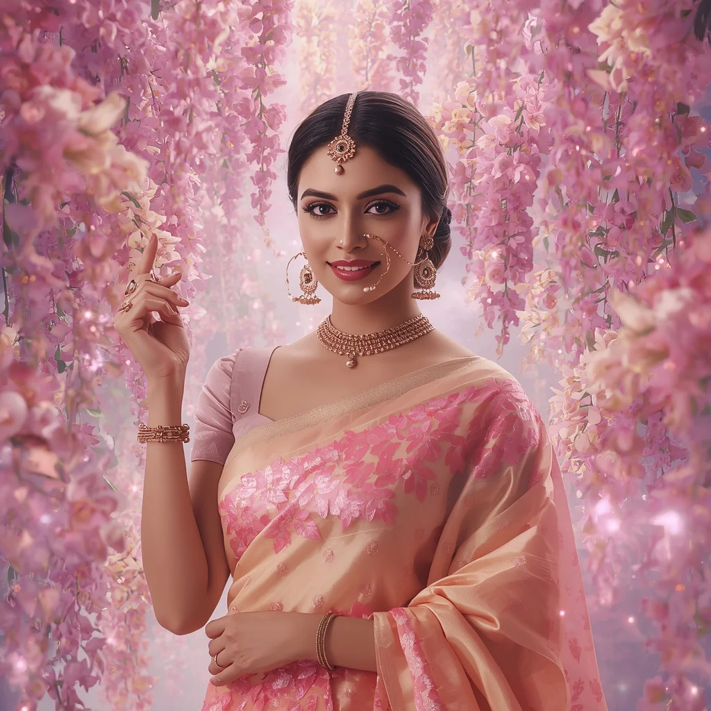 Festive Pastel Saree Aurora Crystal Wisteria Kingdom Collage Luxury Editorial | traditional saree Prompt - Top 10 Modern Teen Saree AI Prompts for University Art Studios AI Prompt