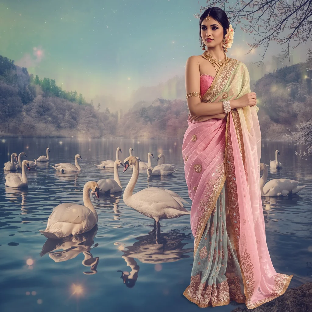 Festive Pastel Saree Celestial Diamond Swan Aurora Lake Collage Premium Editorial | trending prompt in instagram - Traditional Muga Silk Saree AI Image Prompts for Assamese Grandeur AI Prompt