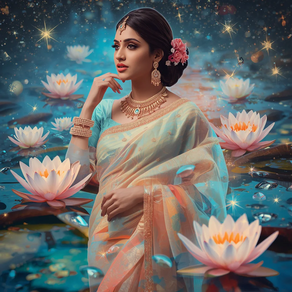 Festive Pastel Saree Celestial Diamond Water Lily Universe Collage Luxury Editorial | free prompt for girls college - Traditional Muga Silk Saree AI Image Prompts for Assamese Grandeur AI Prompt