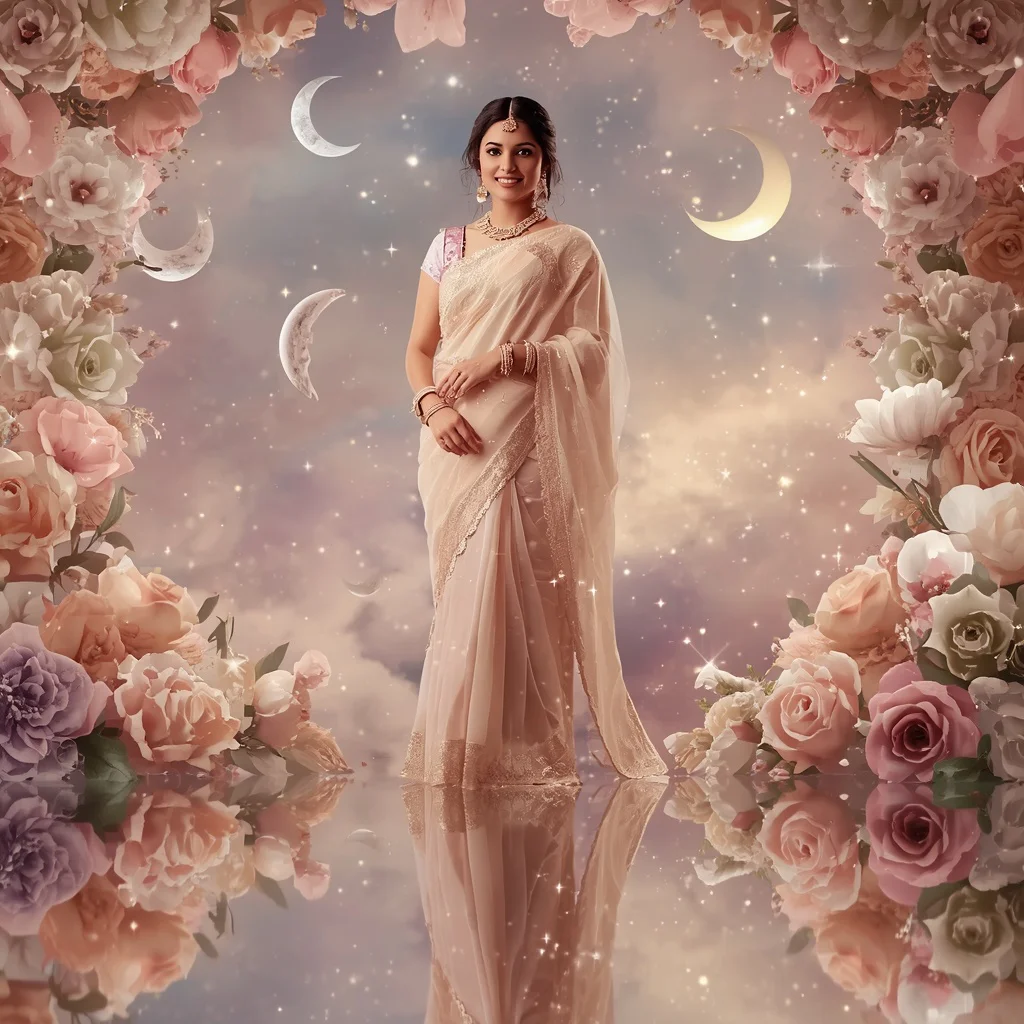 Festive Pastel Saree Celestial Moon Garden Reflection Collage Cinematic Premium | prompt for girls ChatGPT - Top 10 Modern Teen Saree AI Prompts for University Art Studios AI Prompt