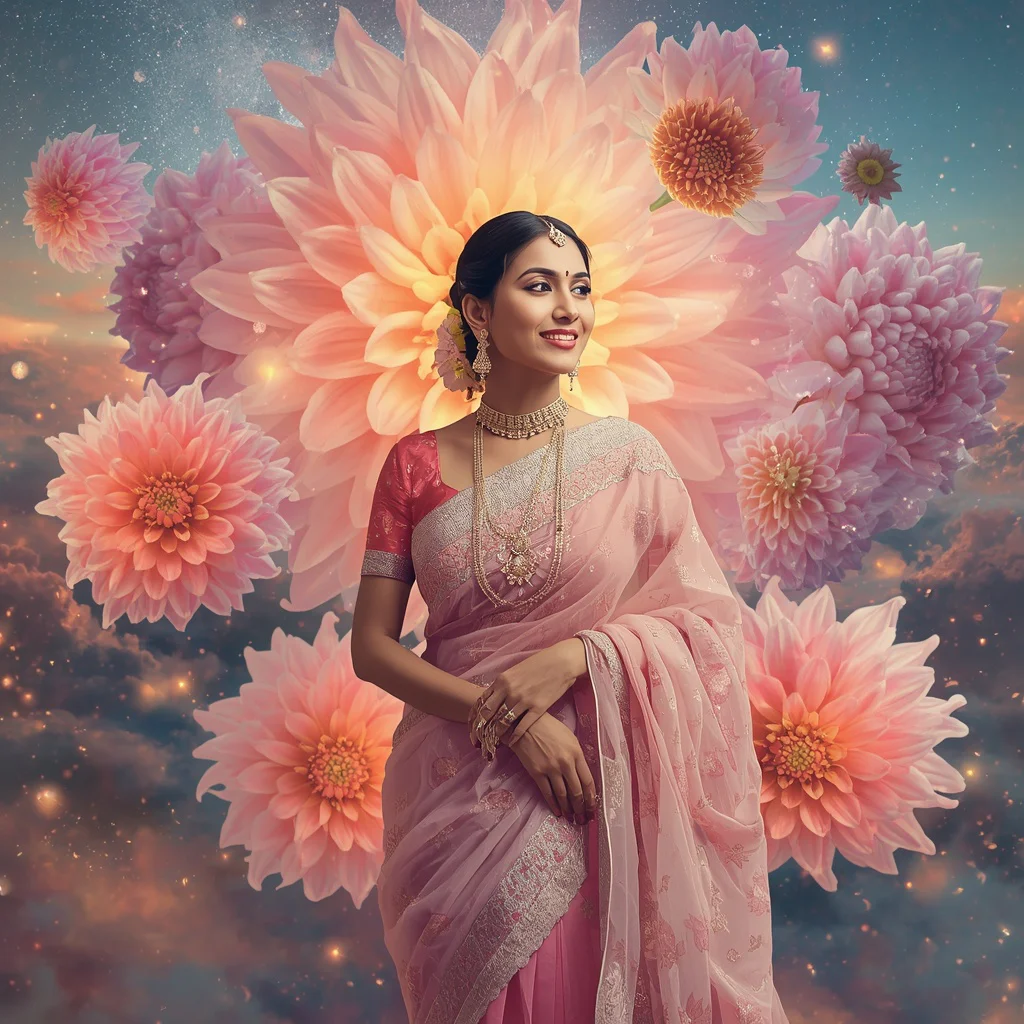 Festive Pastel Saree Cosmic Dahlia Galaxy Collage Cinematic Aesthetic | ai prompt text to image - New 10 Traditional Young Girl Saree AI Prompts for Cultural Storytelling AI Prompt