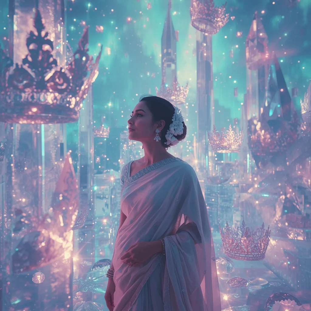 Festive Pastel Saree Crystal Aurora Crownlands Collage Premium Cinematic | prompt for traditional look for girl chatgpt instagram - Best 10 Artistic Child Saree AI Prompts for Abstract Expressionist Art AI Prompt