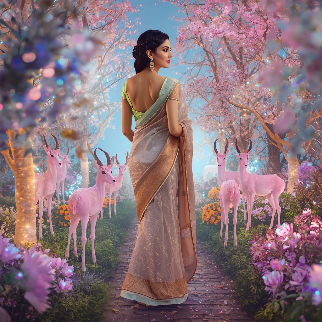 Festive Pastel Saree Crystal Aurora Gazelle Garden Collage Premium Masterpiece | best ai prompts for images - Traditional Muga Silk Saree AI Image Prompts for Assamese Grandeur AI Prompt