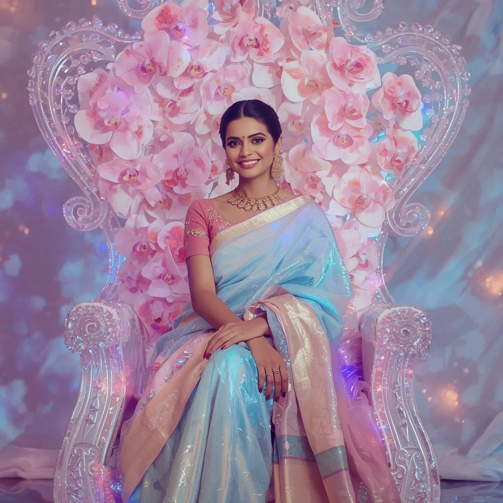 Festive Pastel Saree Crystal Aurora Orchid Throne Empire Collage Premium Couture | new trending prompt chatgpt - Glamorous Organza Ruffle Saree AI Prompts for High Fashion Events AI Prompt