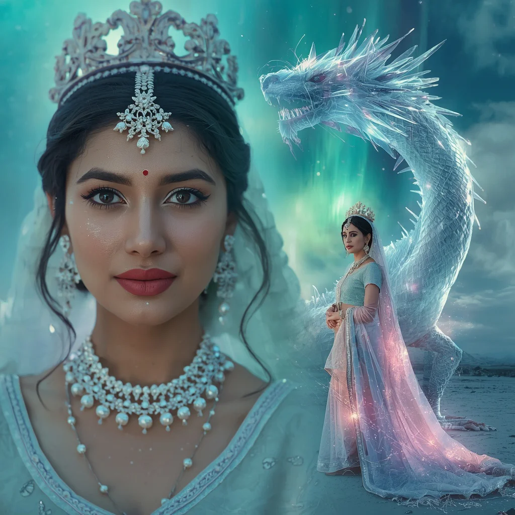 Festive Pastel Saree Crystal Crown Aurora Dragon Collage Prompt | saree prompt seen - Traditional Chanderi Silk Saree AI Image Prompts for Regal Grace AI Prompt