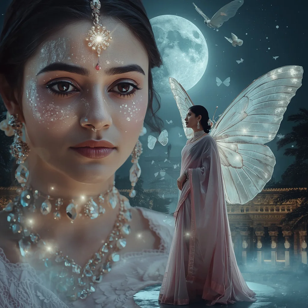 Festive Pastel Saree Crystal Moth Moon Temple Collage Prompt | saree instagram ai prompt - Traditional Chanderi Silk Saree AI Image Prompts for Regal Grace AI Prompt