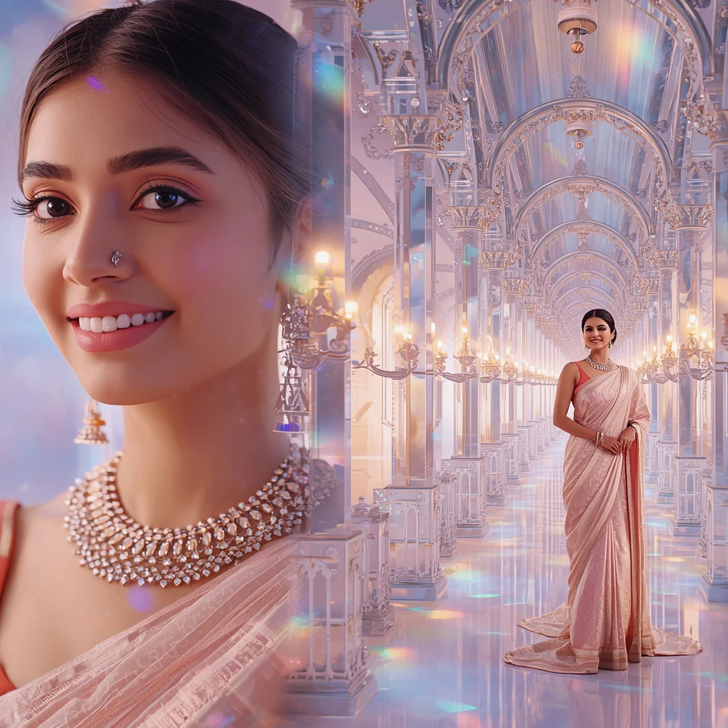 Festive Pastel Saree Crystal Palace Reflection Corridor Collage Premium Cinematic | prompt for traditional look for girl chatgpt instagram - Top 10 Modern Teen Saree AI Prompts for University Art Studios AI Prompt