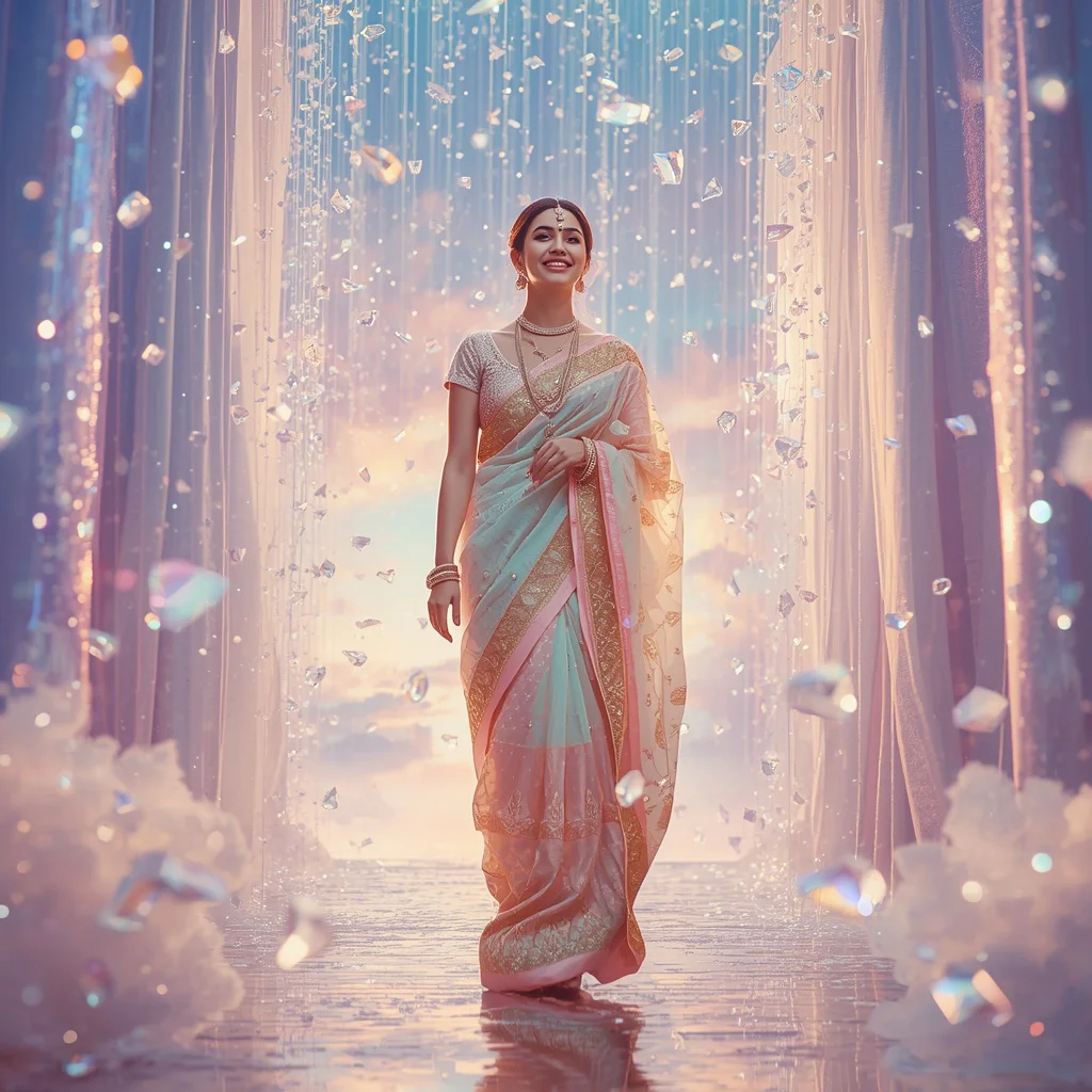 Festive Pastel Saree Diamond Aurora Cascade Portal Collage Luxury Cinematic | traditional saree prompt for instagram - Top 10 Modern Teen Saree AI Prompts for University Art Studios AI Prompt
