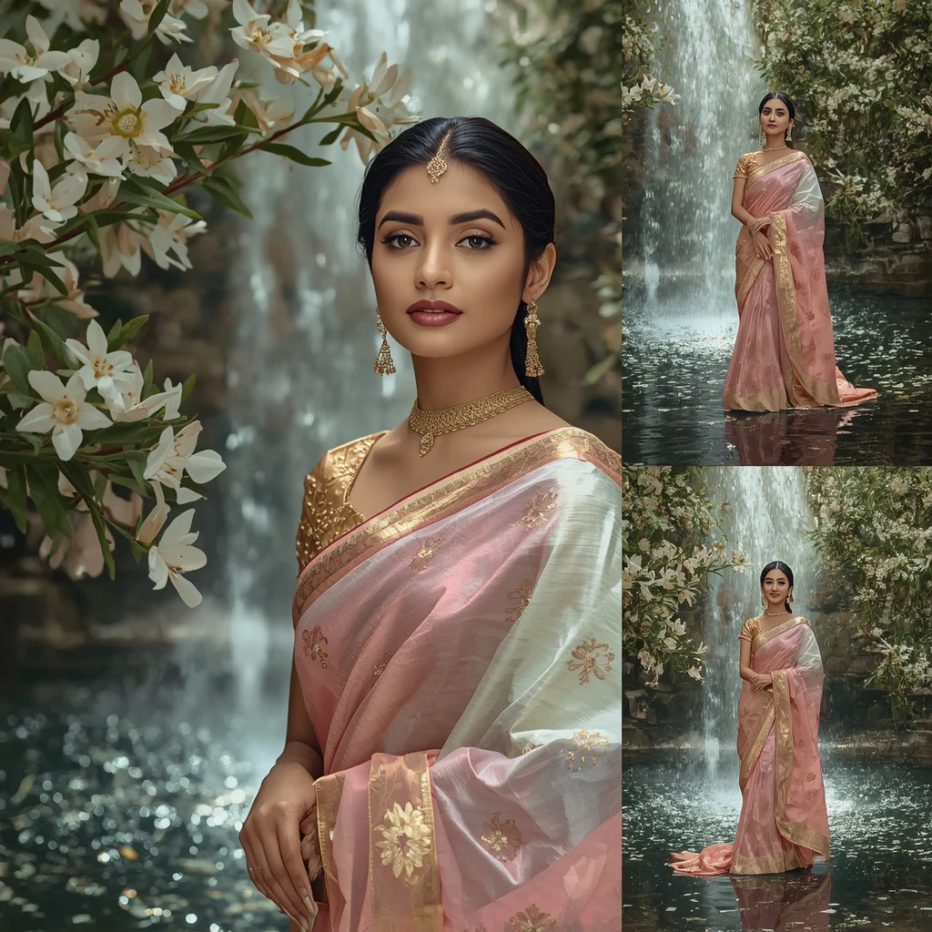 Festive Pastel Saree Diamond Jasmine Waterfall Sanctuary Collage Luxury Editorial | trending blue saree prompt - Glamorous Organza Ruffle Saree AI Prompts for High Fashion Events AI Prompt
