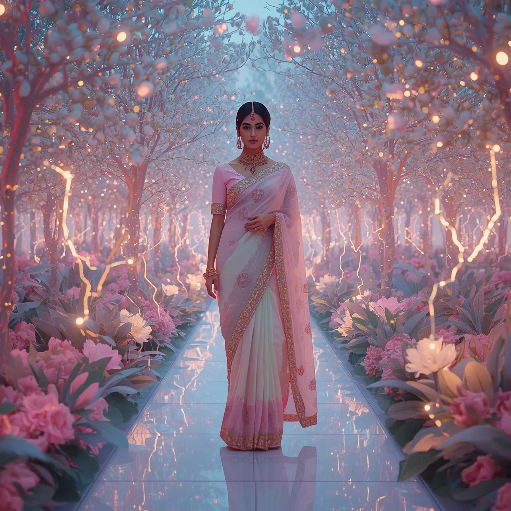 Festive Pastel Saree Digital Celestial Garden Collage Modern Cinematic | Trending purple saree prompt today - Best 10 Artistic Child Saree AI Prompts for Abstract Expressionist Art AI Prompt