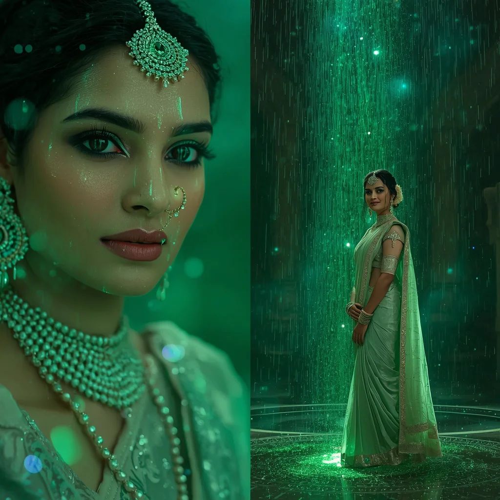 Festive Pastel Saree Emerald Rain Galaxy Sanctuary Collage Prompt | cinematic saree ai prompt - Modern Printed Linen Saree AI Prompts for Everyday Chic AI Prompt