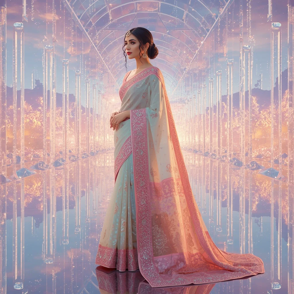 Festive Pastel Saree Eternal Aurora Diamond Celestial Realm Collage Cinematic Luxury | traditional saree prompt for chatgpt in english for girl - Glamorous Organza Ruffle Saree AI Prompts for High Fashion Events AI Prompt