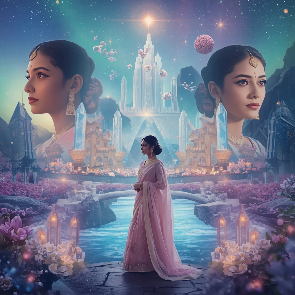 Festive Pastel Saree Eternal Aurora Kingdom Collage Cinematic Aesthetic | prompt for Gemini AI saree look couple - Best 10 Artistic Child Saree AI Prompts for Abstract Expressionist Art AI Prompt