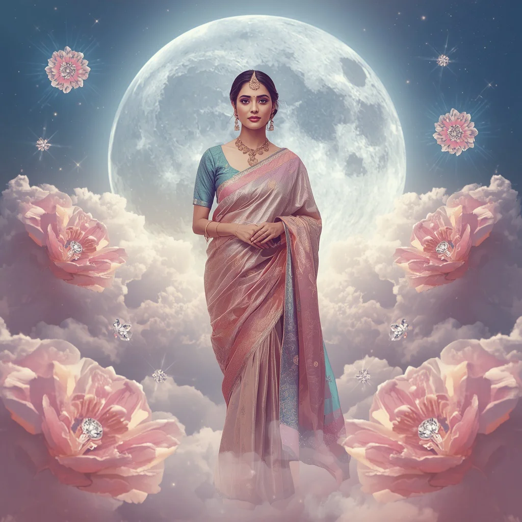 Festive Pastel Saree Eternal Diamond Moon Blossom Heaven Collage Cinematic Luxury | new instagram trend prompt for girl saree look copy and paste in english - Traditional Muga Silk Saree AI Image Prompts for Assamese Grandeur AI Prompt