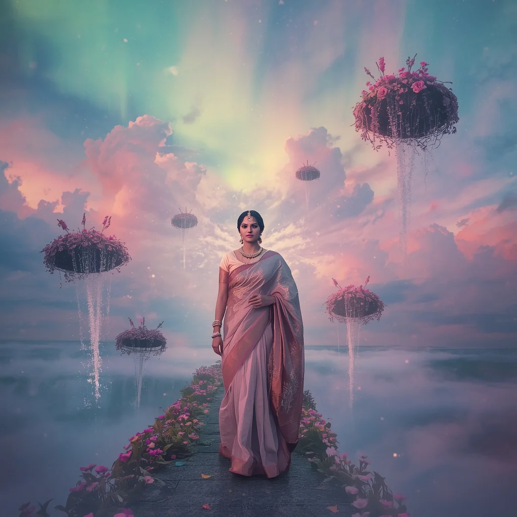 Festive Pastel Saree Floating Aurora Gardens Collage Dream Cinematic | traditional saree prompt - New 10 Traditional Young Girl Saree AI Prompts for Cultural Storytelling AI Prompt