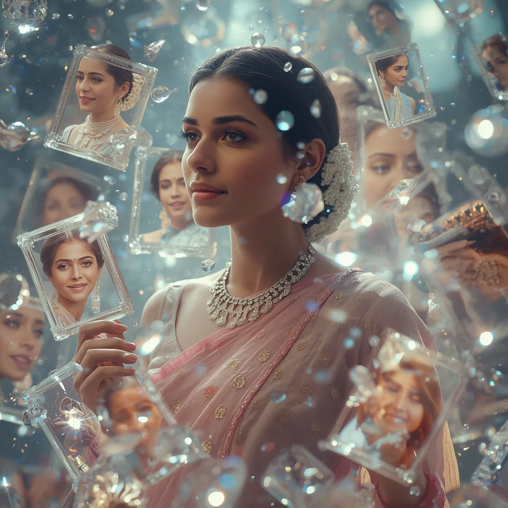 Festive Pastel Saree Floating Crystal Chronicles Collage Premium Cinematic | indian saree ai prompt - New 10 Traditional Young Girl Saree AI Prompts for Cultural Storytelling AI Prompt