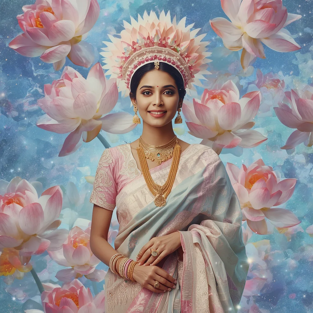 Festive Pastel Saree Floating Opal Lotus Galaxy Crown Collage Luxury Fashion | stylish prompt for girls - Traditional Muga Silk Saree AI Image Prompts for Assamese Grandeur AI Prompt