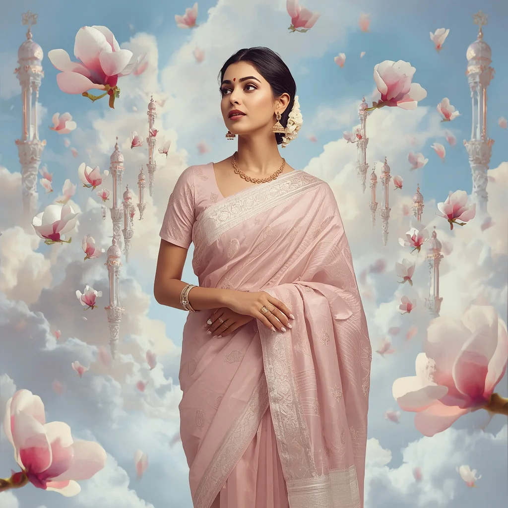 Festive Pastel Saree Floating Pearl Magnolia Sky Kingdom Collage Luxury Masterpiece | prompt seen girl saree - Glamorous Organza Ruffle Saree AI Prompts for High Fashion Events AI Prompt