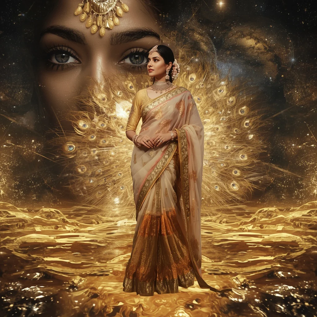 Festive Pastel Saree Golden Peacock Water Galaxy Collage Prompt | gemini traditional saree prompt in english - Traditional Chanderi Silk Saree AI Image Prompts for Regal Grace AI Prompt