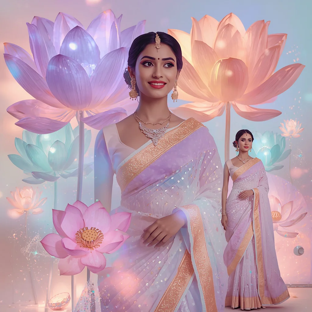 Festive Pastel Saree Holographic Lotus Bloom Dimension Collage Modern Cinematic | ChatGPT saree prompt in english - Top 10 Modern Teen Saree AI Prompts for University Art Studios AI Prompt